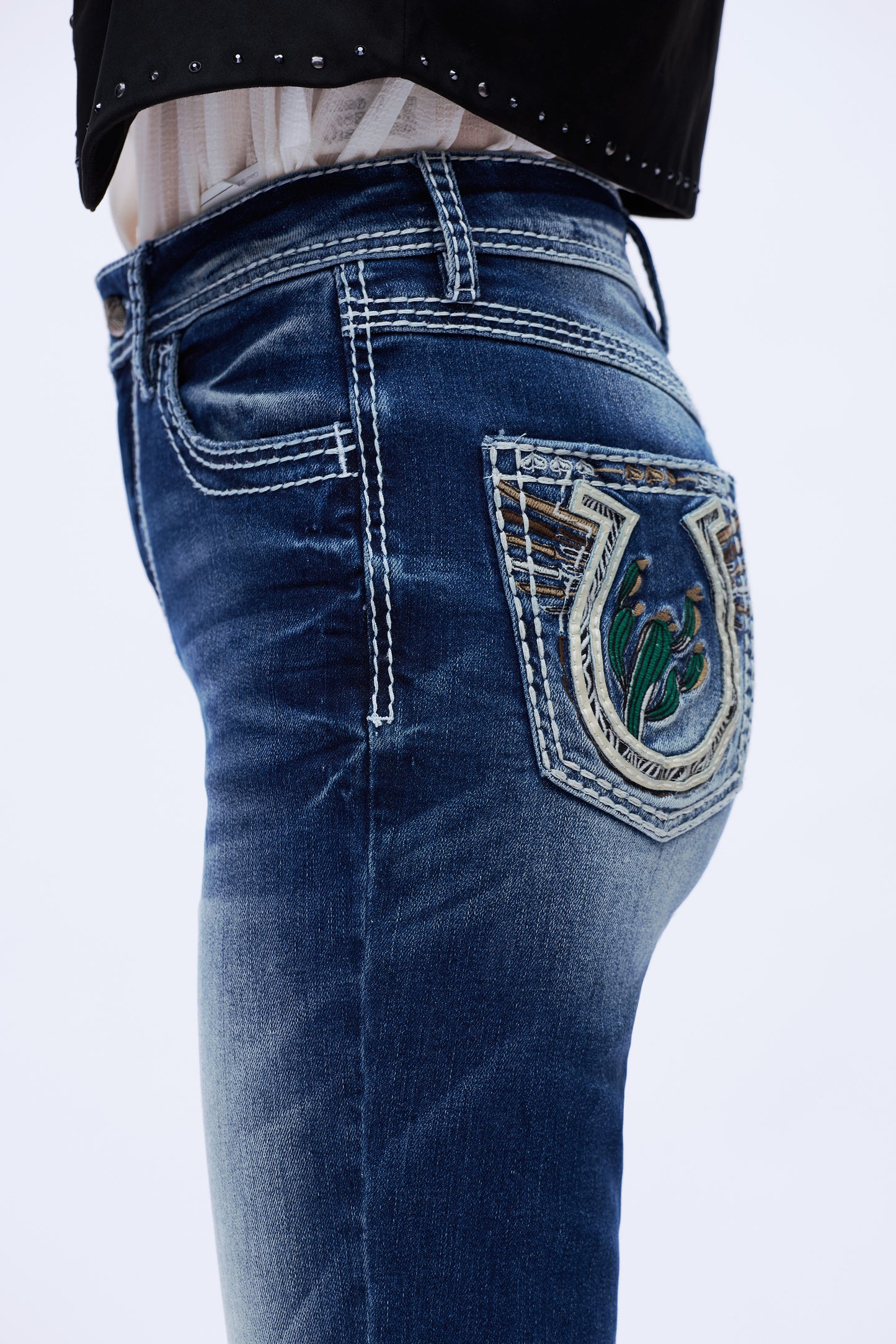 Cactus Embroidered Mid Rise Bootcut Jeans DEF1002 Dark Blue