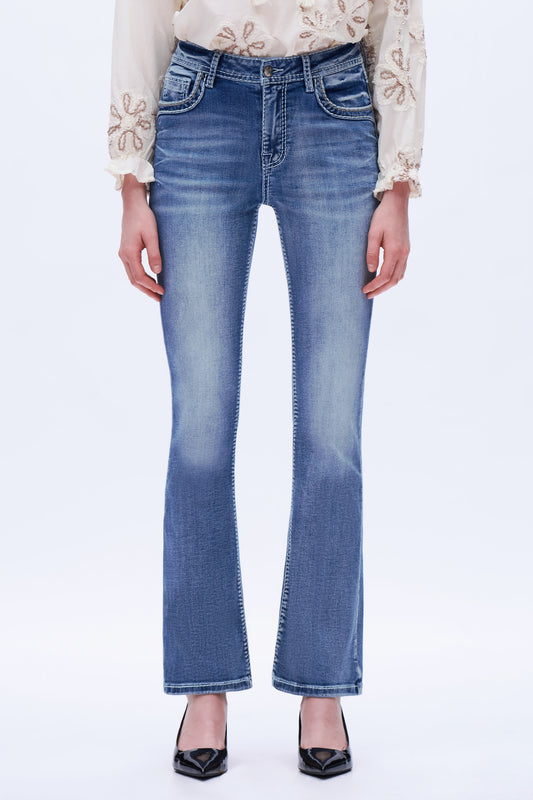 Steet Heads Embroidery High Rise Bootcut Leg Jeans Embroidery DEF1004 Medium Blue