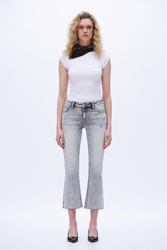 Low Rise Cropped Flare Leg Denim Jeans DEF1009 Light Grey