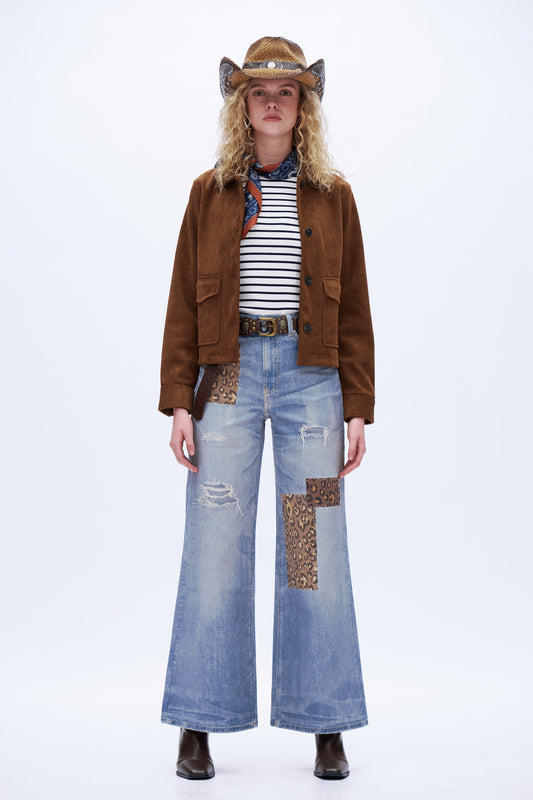 High Rise Printed Wide Leg Denim Jeans DEW8010 Blue