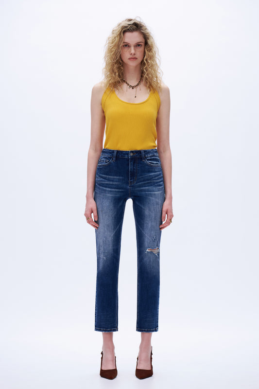 High Rise Distressed Denim Jeans DETM003 Dark Blue