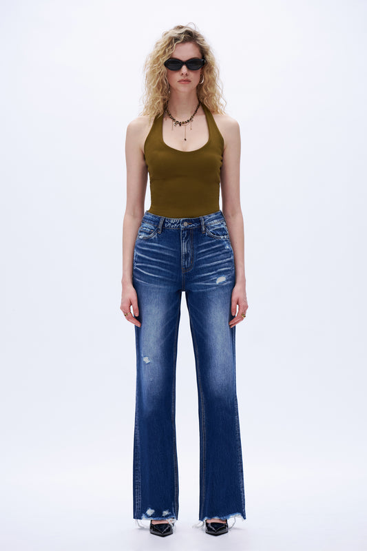 High Rise Distressed Loose Wide Leg Denim Jeans DEFM1002