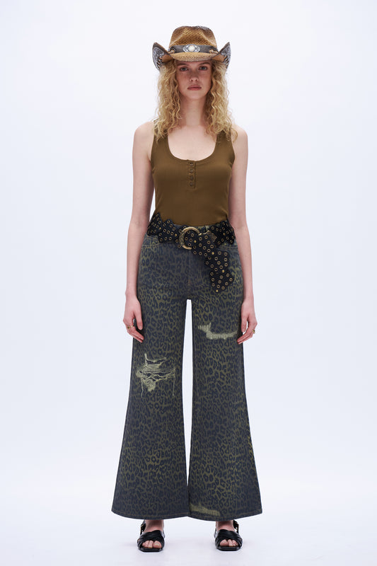 High Rise Wide Leg Printed Denim Jeans DEW8007 Leopard Print