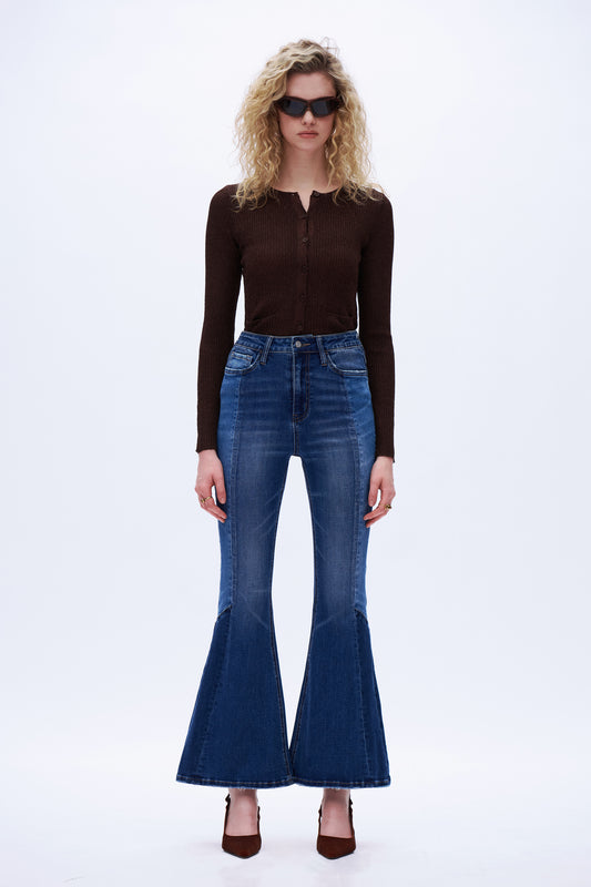 High Rise Flare Leg Denim Jeans DEFM1009 Dark Blue