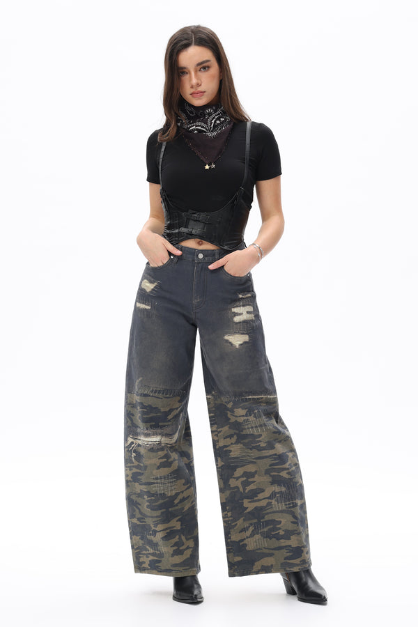 Camo Patchwork Barrel Jeans