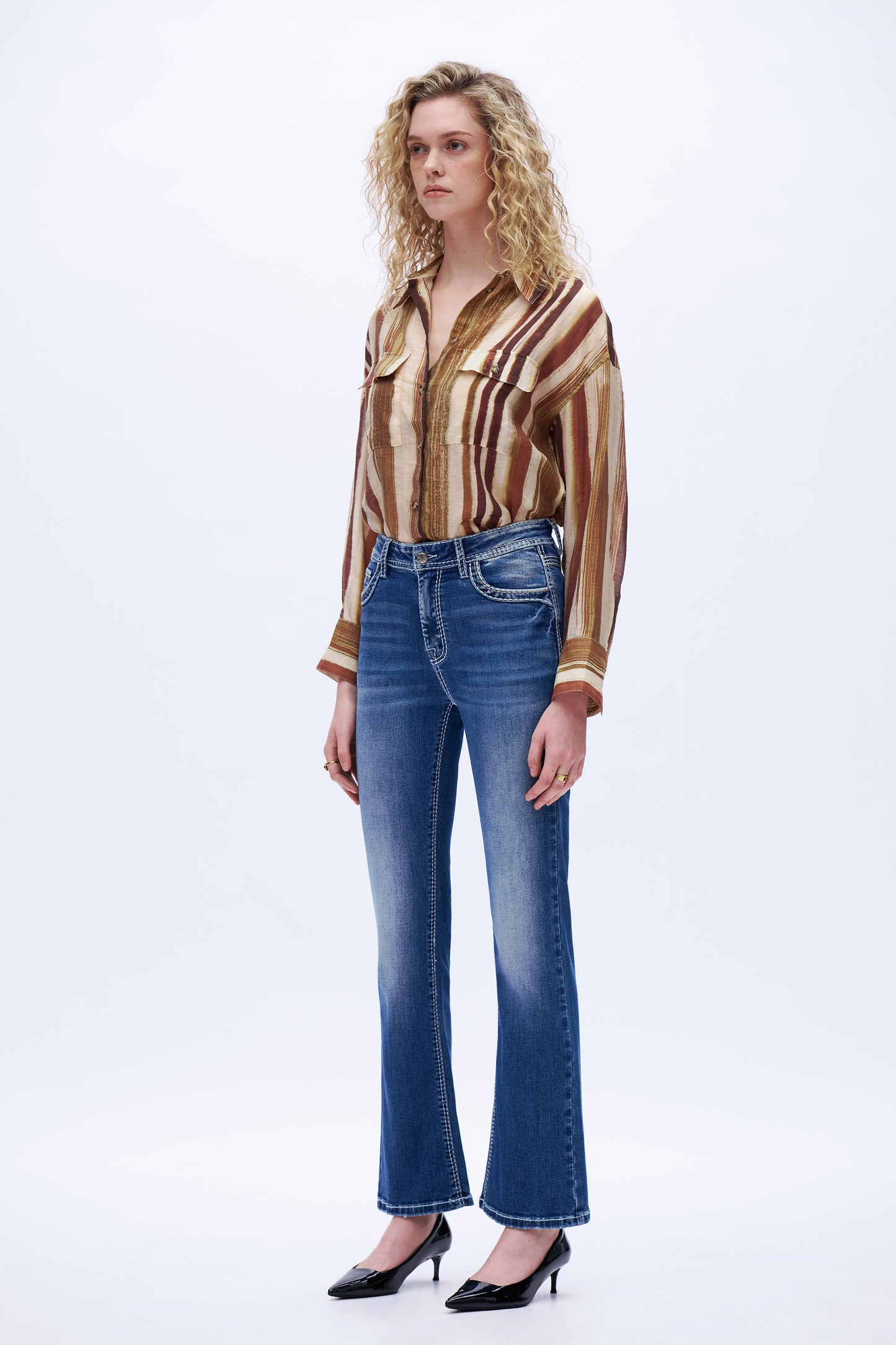 Wings Embroidery High Rise Bootcut Jeans DEF1005 Dark Blue