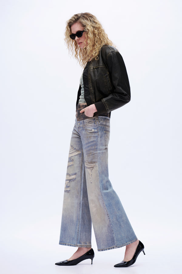Deconstructed Camo Wide-Leg Jeans