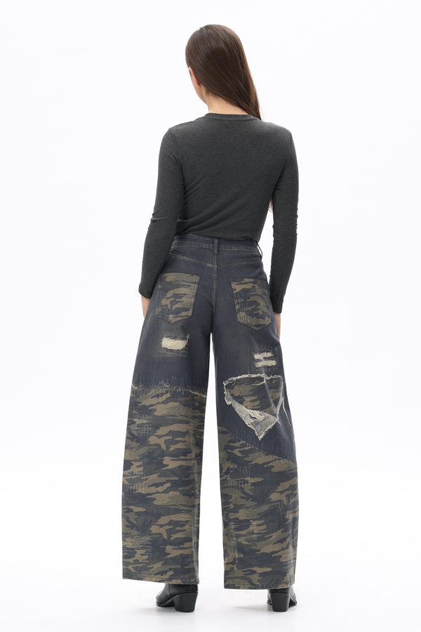 Camo Patchwork Barrel Jeans
