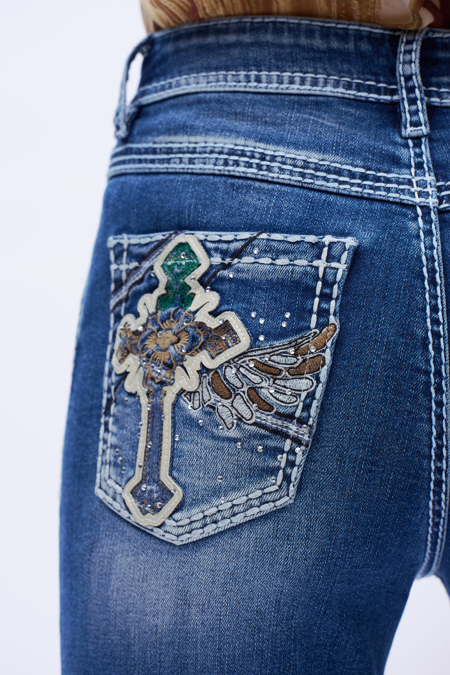 Wings Embroidery High Rise Bootcut Jeans DEF1005 Dark Blue