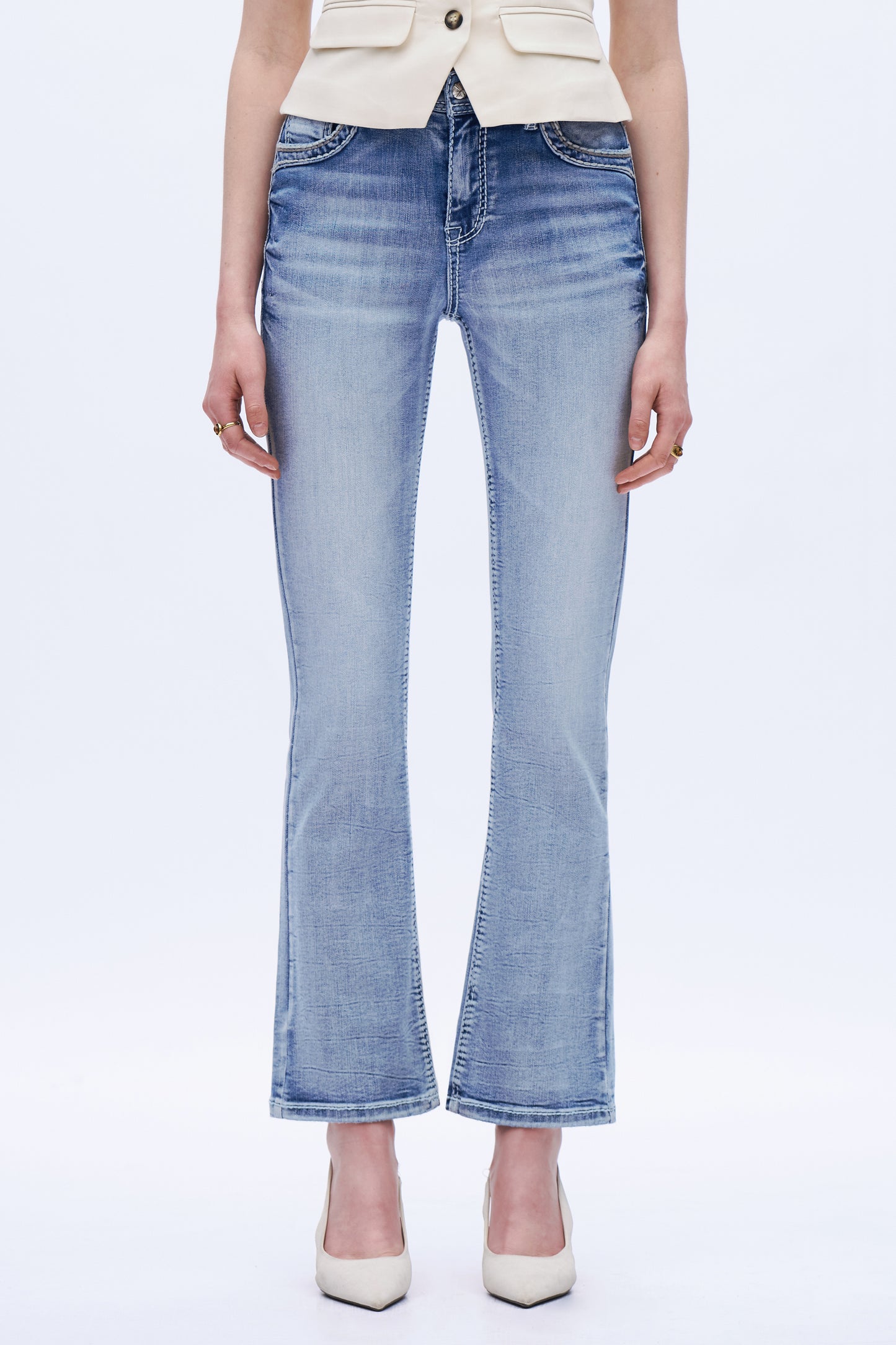 Wings Embroidery High Rise Bootcut Jeans DEF1005 Dark Blue