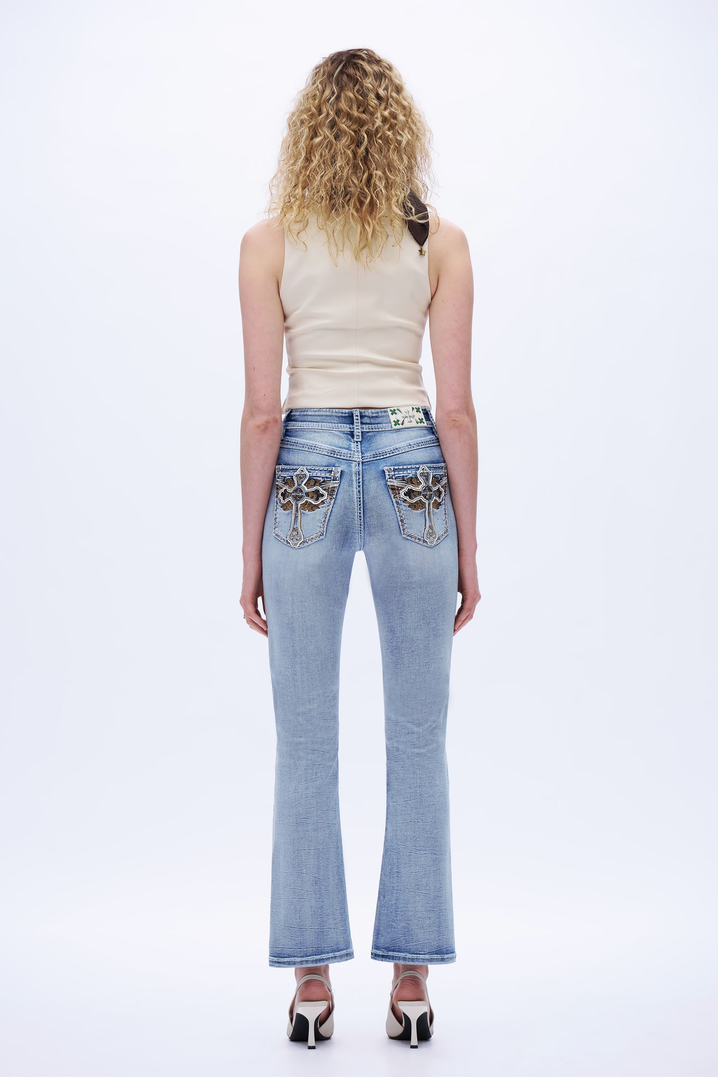 Wings Embroidery High Rise Bootcut Jeans DEF1005 Dark Blue