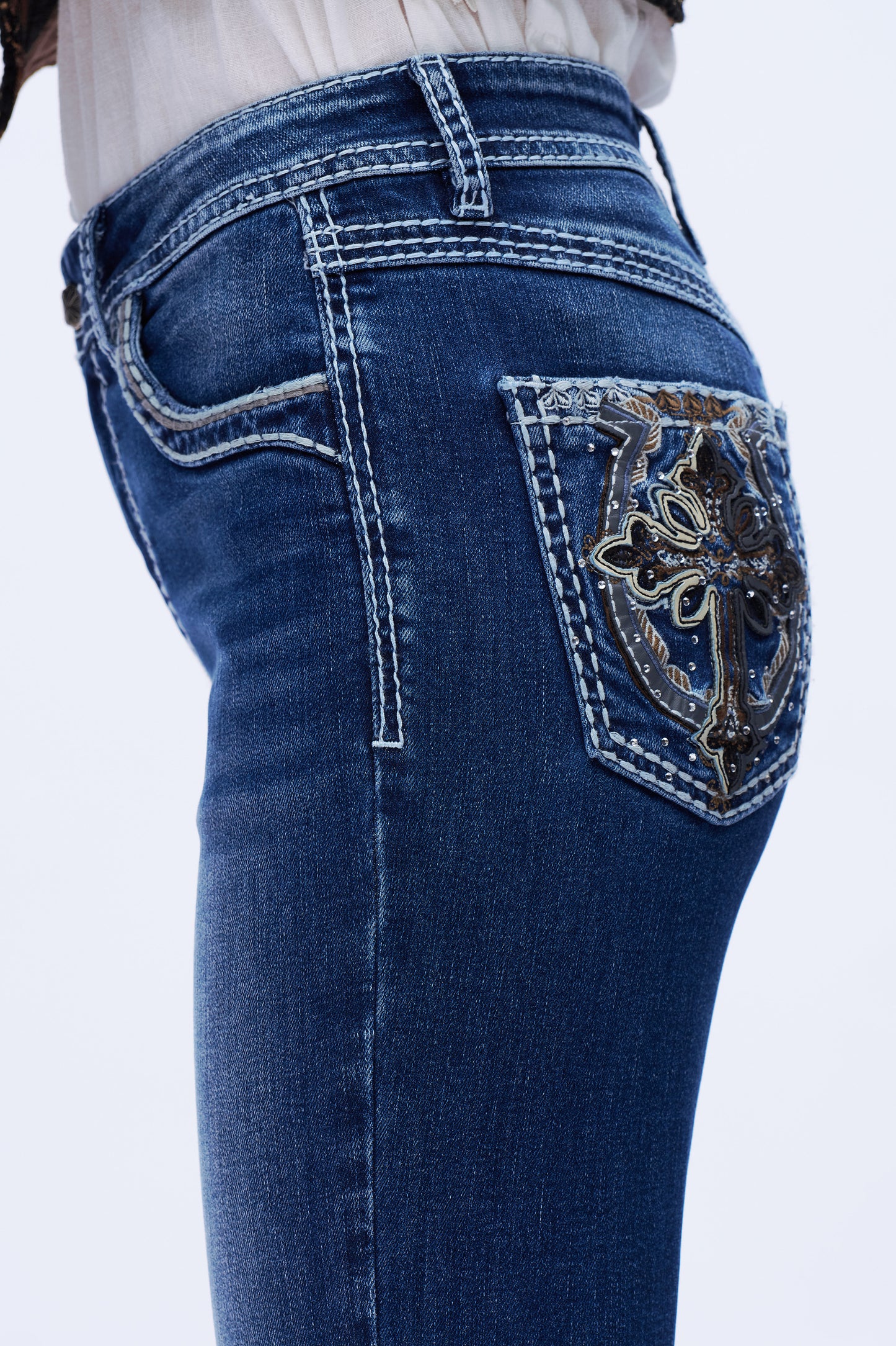 Cross Motif Embroidered Mid Rise Flare Leg Jeans DEF1003 Dark Blue