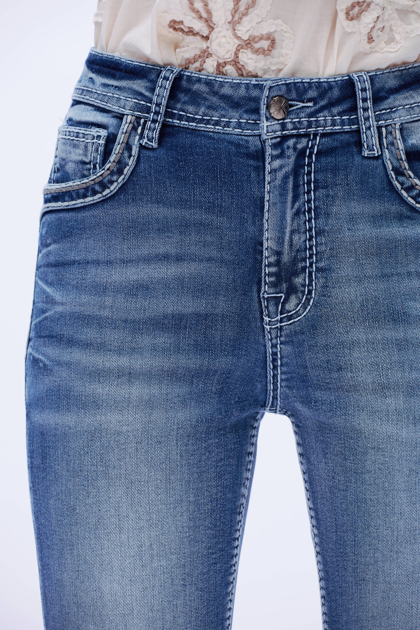 Steet Heads Embroidery High Rise Bootcut Leg Jeans Embroidery DEF1004 Medium Blue