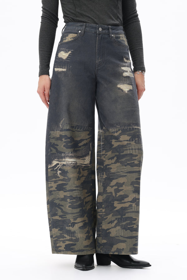 Camo Patchwork Barrel Jeans