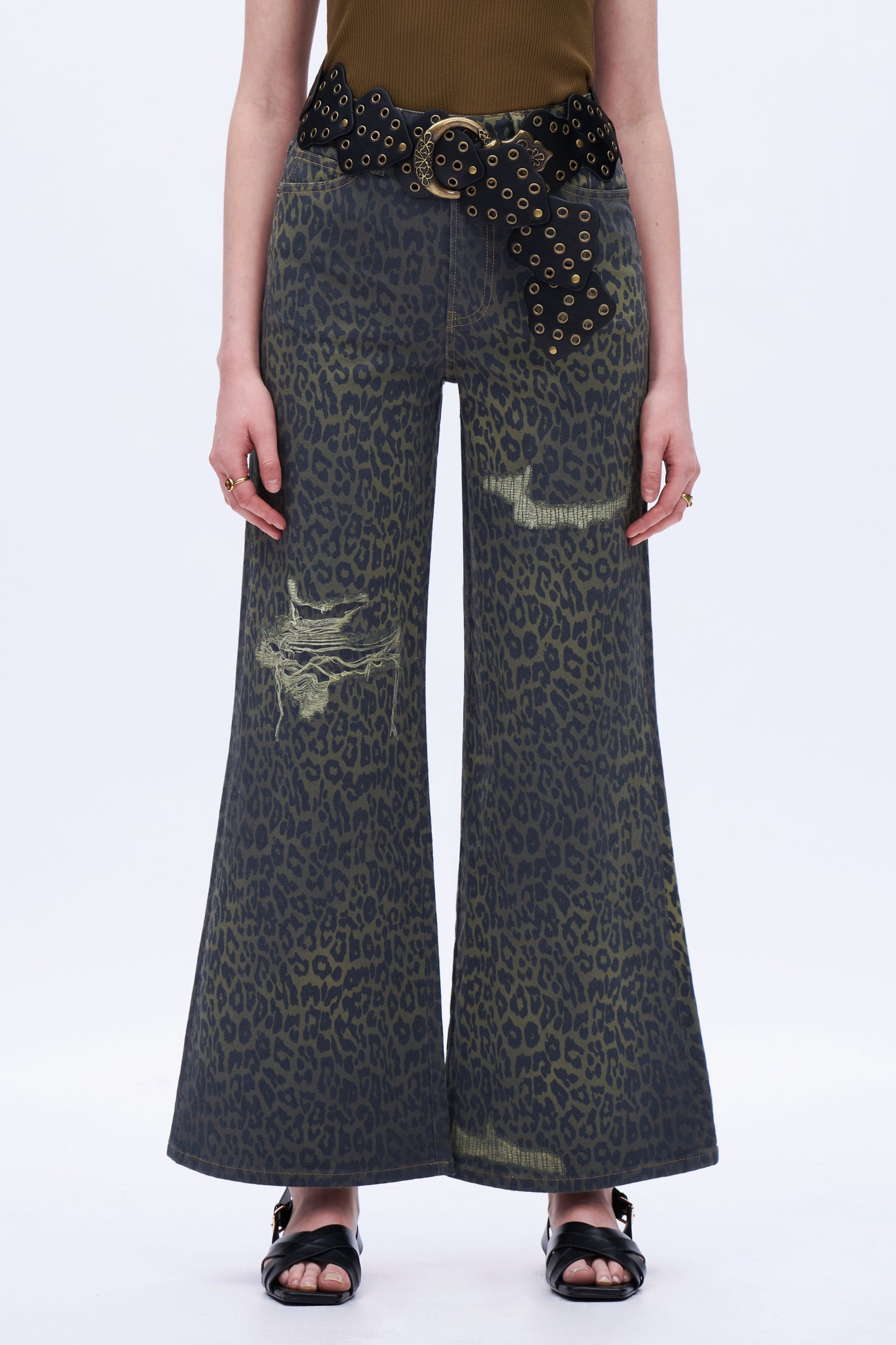 High Rise Wide Leg Printed Denim Jeans DEW8007 Leopard Print