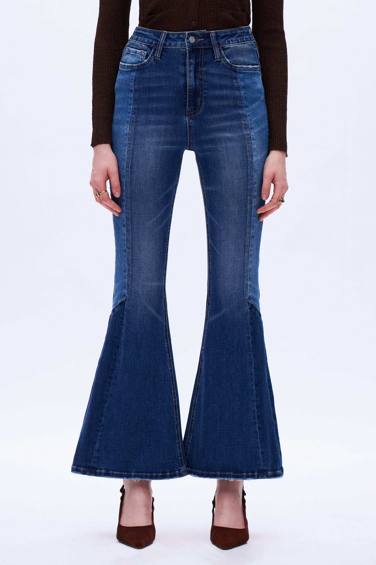 High Rise Flare Leg Denim Jeans DEFM1009 Dark Blue