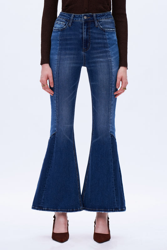 High Rise Flare Leg Denim Jeans DEFM002 Dark Blue