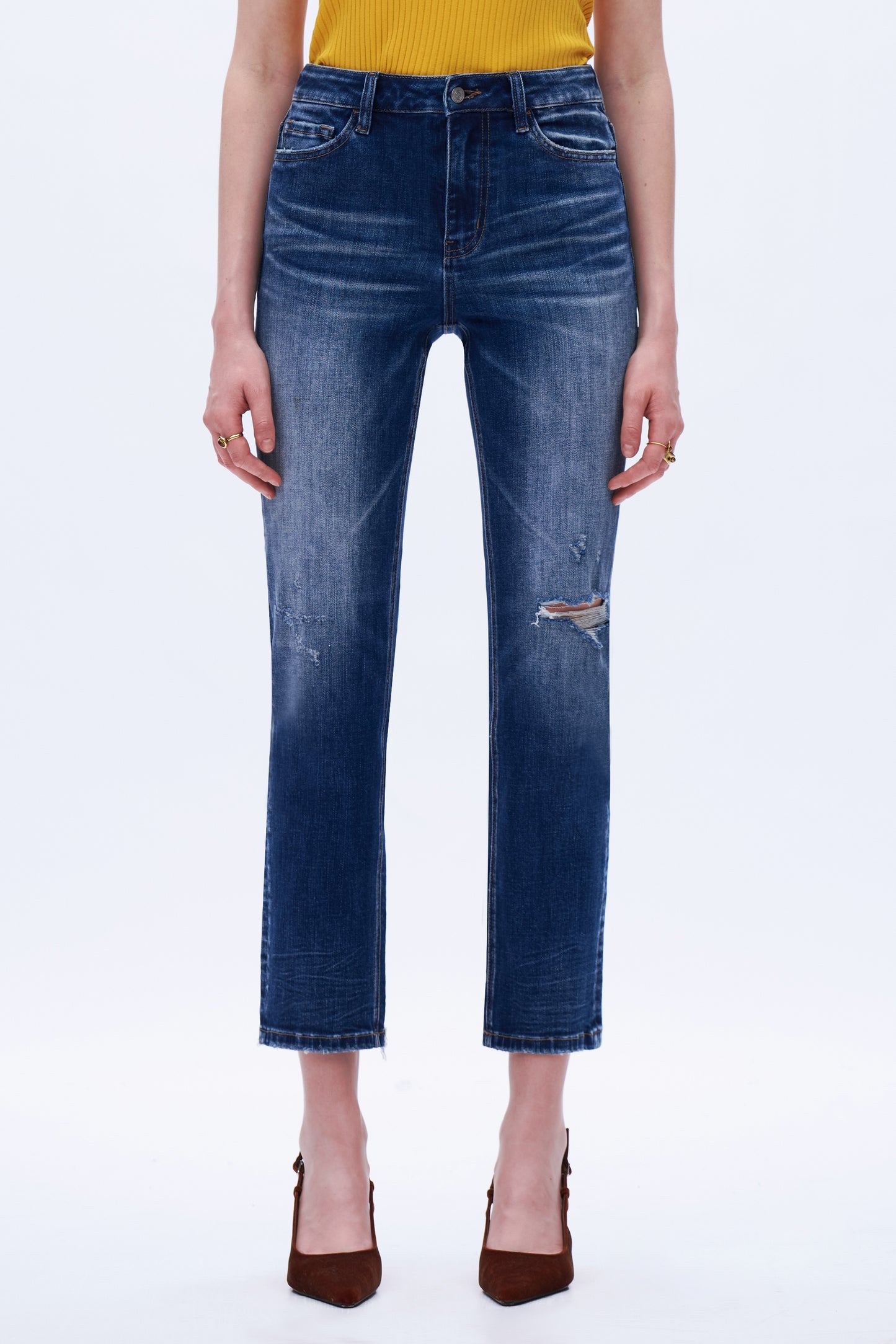 High Rise Distressed Denim Jeans DETM003 Dark Blue