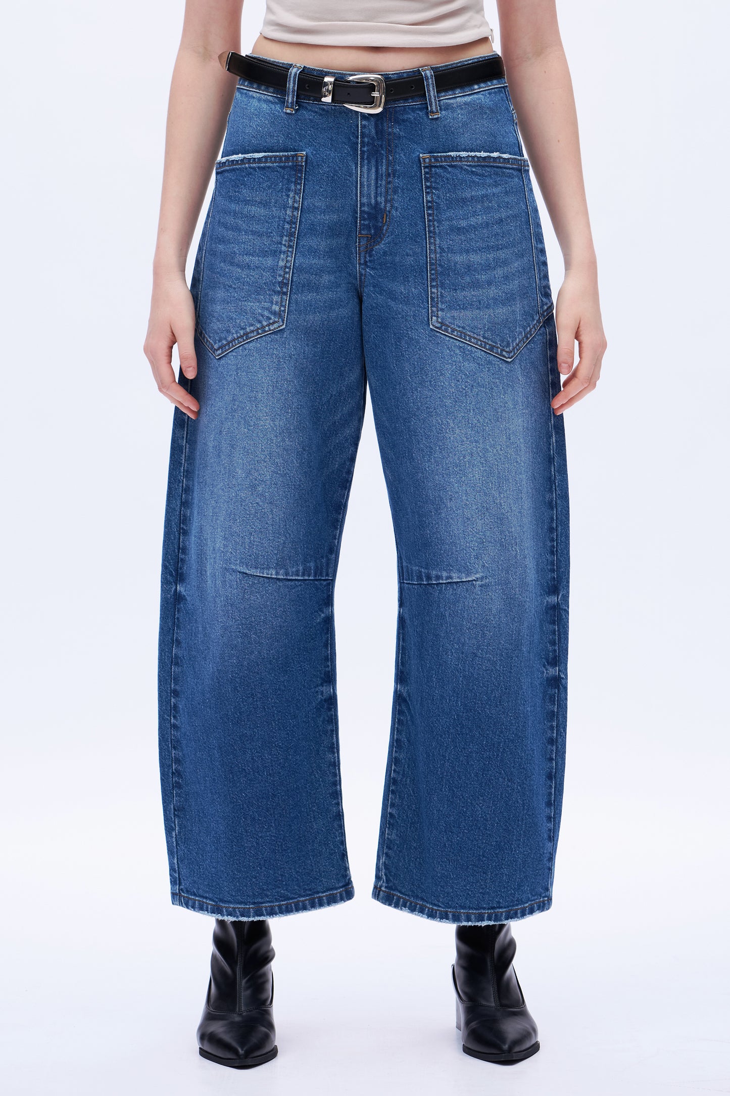 Super High Rise Balloon Denim Jeans With Front Pocket Patch DEOX001 Medium Blue