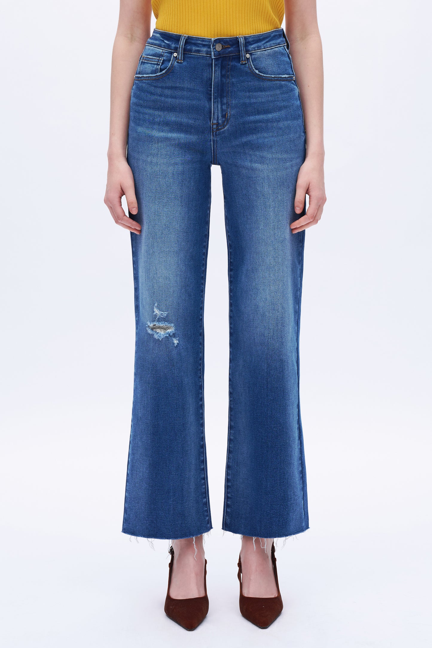 High Rise Loose Jeans With Small Rips DET5009 Deep Blue