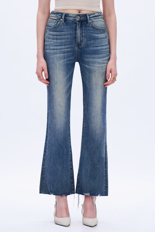 Mid Rise Monkey Wash Flare Leg Denim Jeans DEFM008 Medium Blue