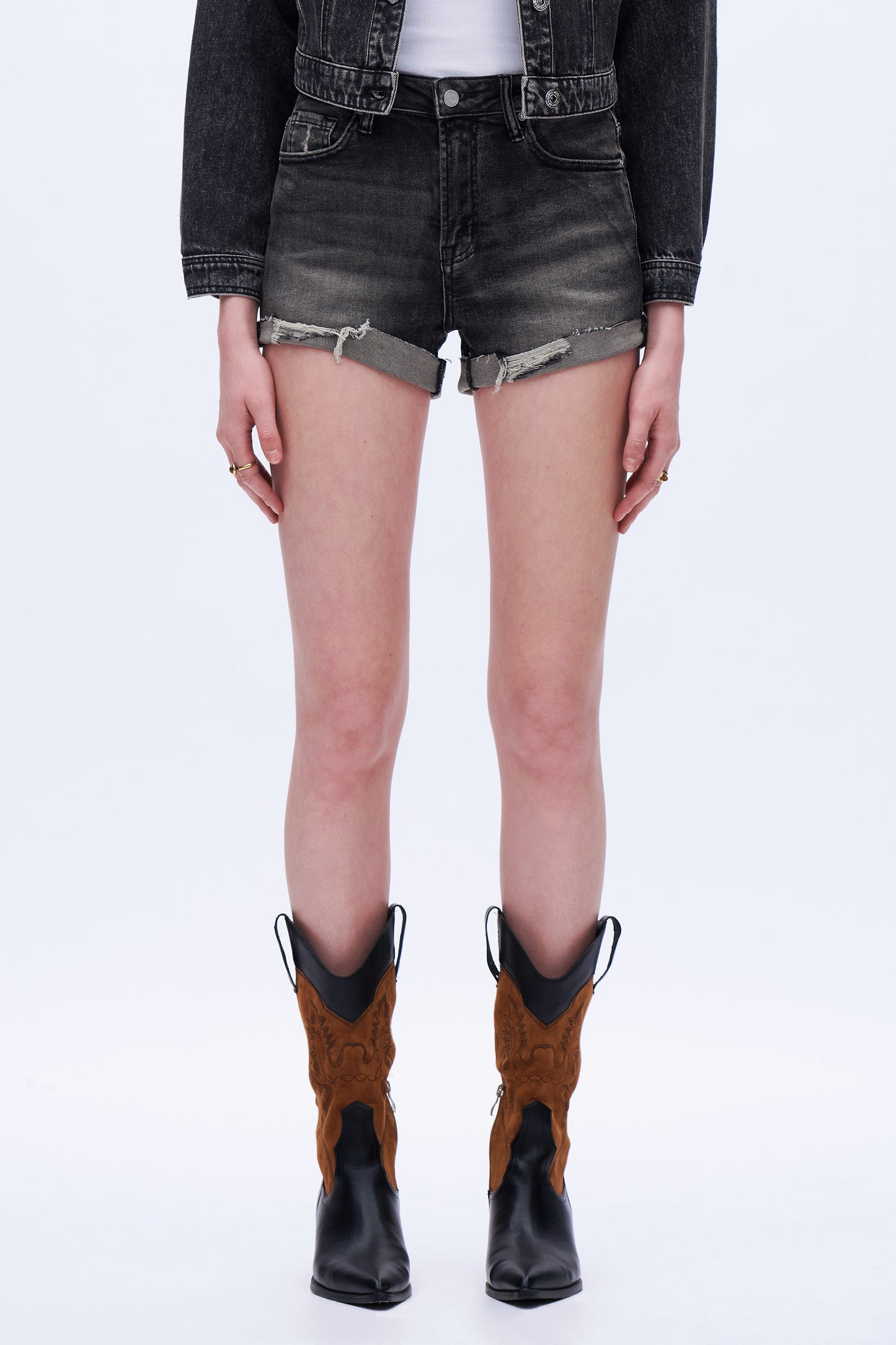High Rise Straight Leg Denim Shorts DEHM009 Black