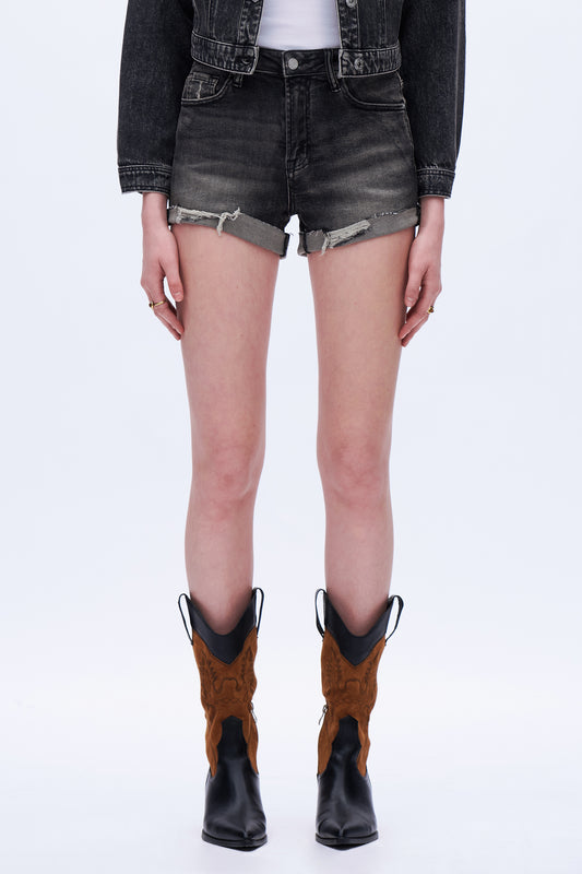High Rise Straight Leg Denim Shorts DEHM009 Black