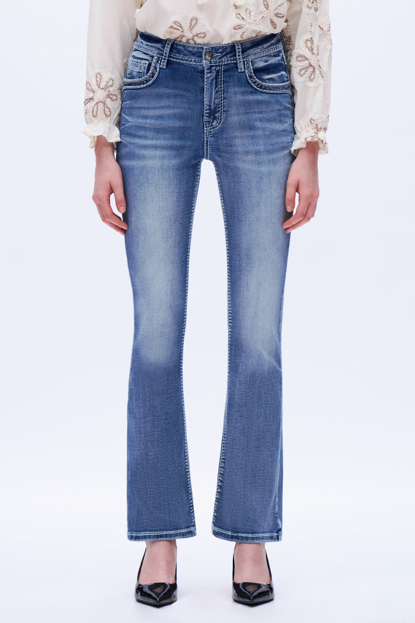 Steet Heads Embroidery High Rise Bootcut Leg Jeans Embroidery DEF1004 Medium Blue