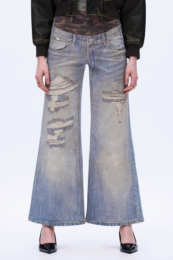 Deconstructed Camo Wide-Leg Jeans