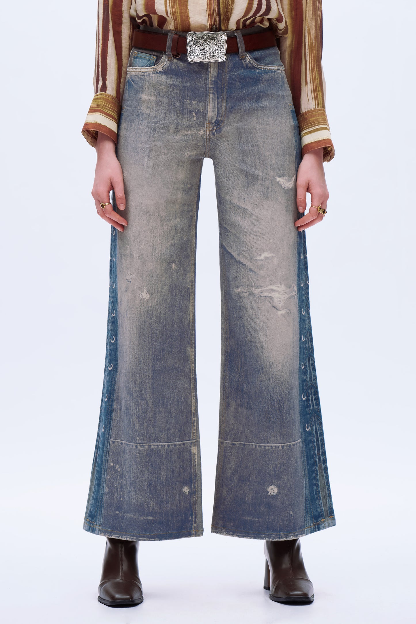 High Rise Wide Leg Printed Denim Jeans DEW8009 Medium Blue