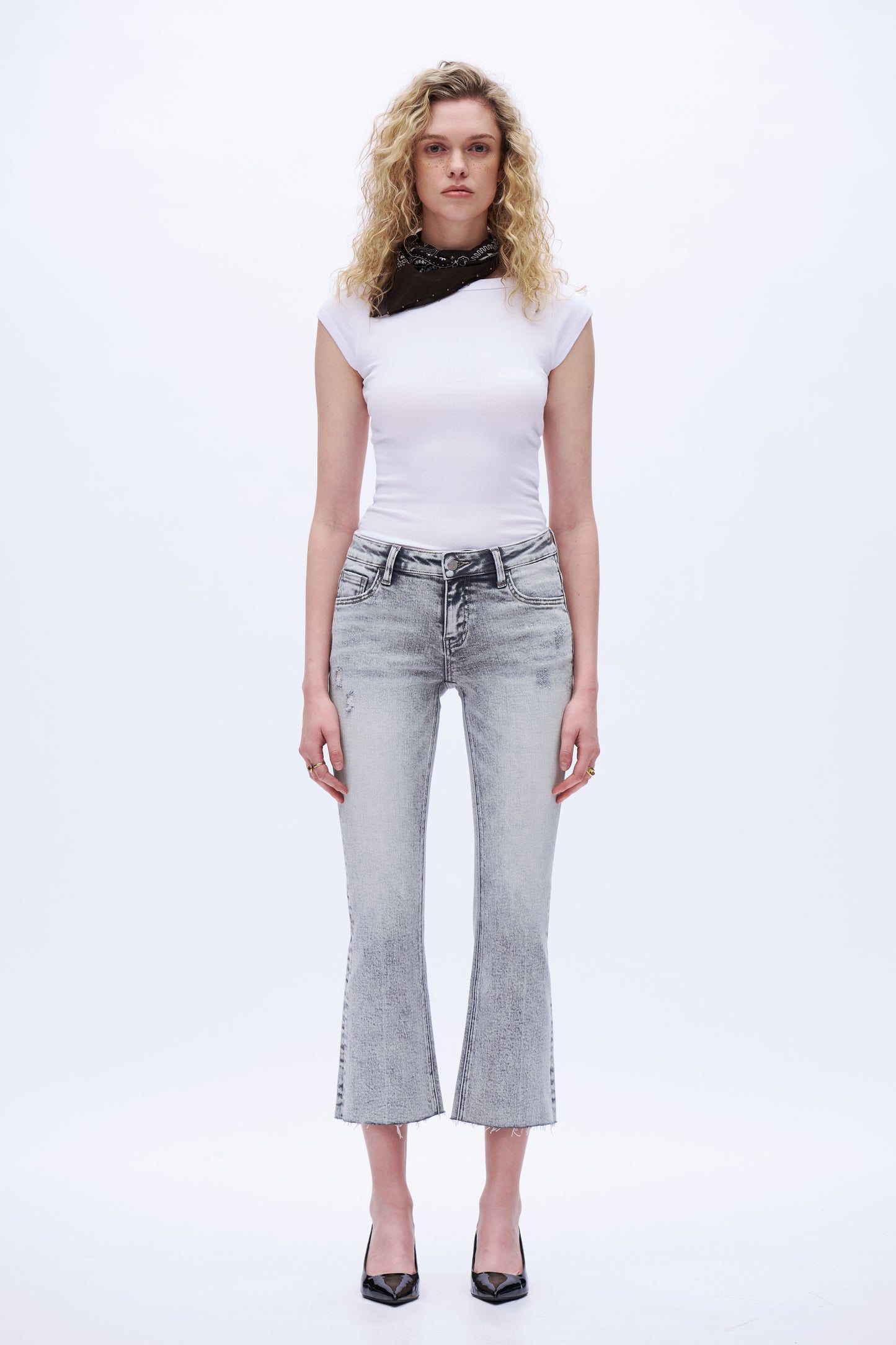 Low Rise Cropped Flare Leg Denim Jeans DEF1009 Light Grey