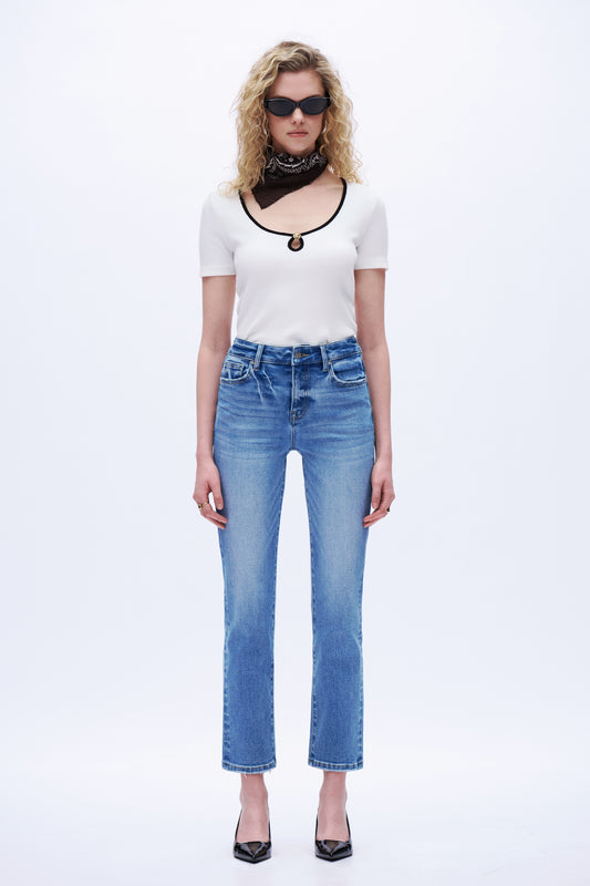 Mid Rise Straight Leg Denim Jeans DET5002 Medium Blue