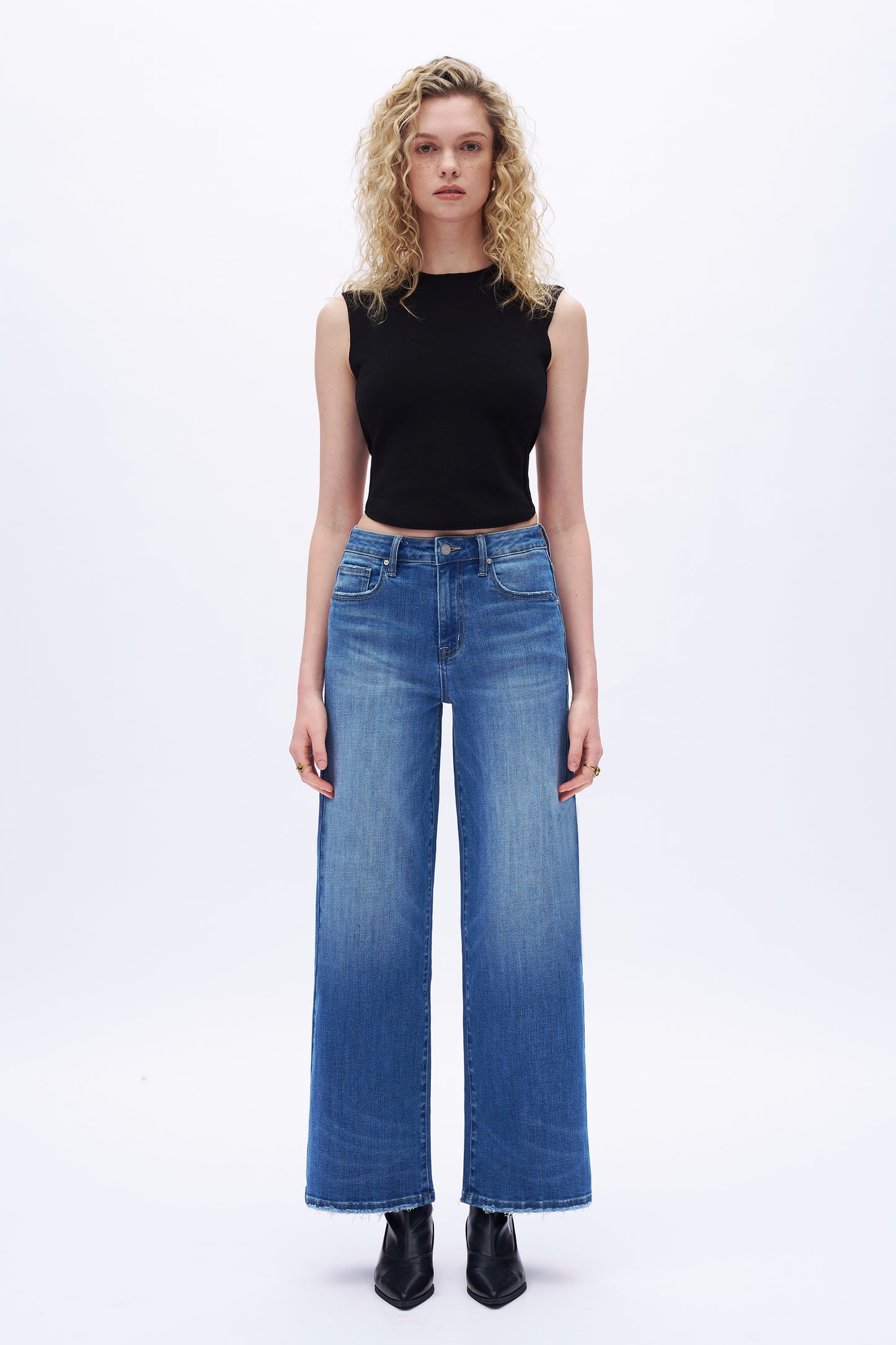 HIGH RISE HIGH STRETCH WIDE LEG FRAYED EDGES JEANS DEW8006