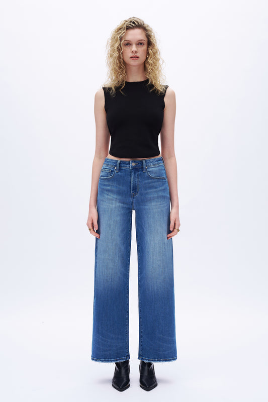 HIGH RISE HIGH STRETCH WIDE LEG FRAYED EDGES JEANS DEW8006