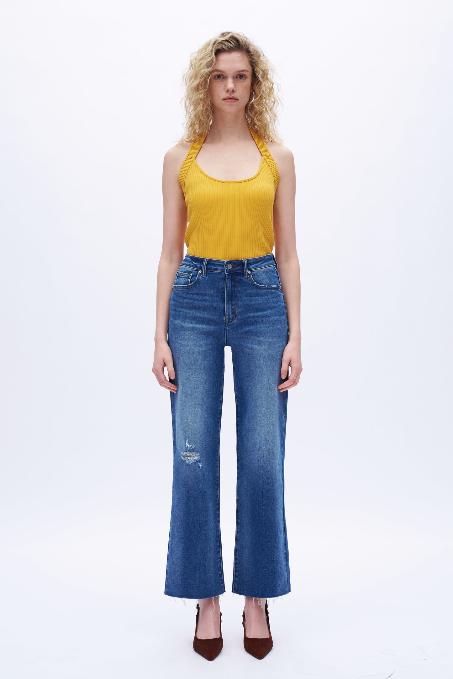 High Rise Loose Jeans With Small Rips DET5009 Deep Blue