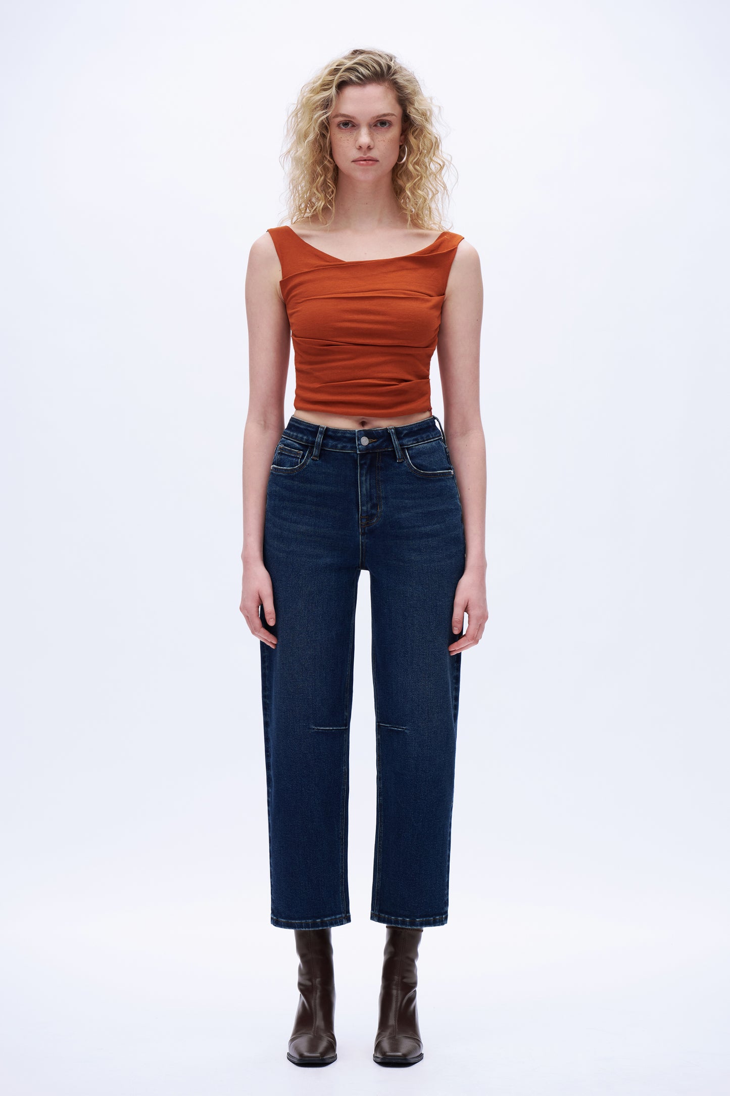 High Rise Slim Barrel Denim Jeans DEOX002 Dark Blue