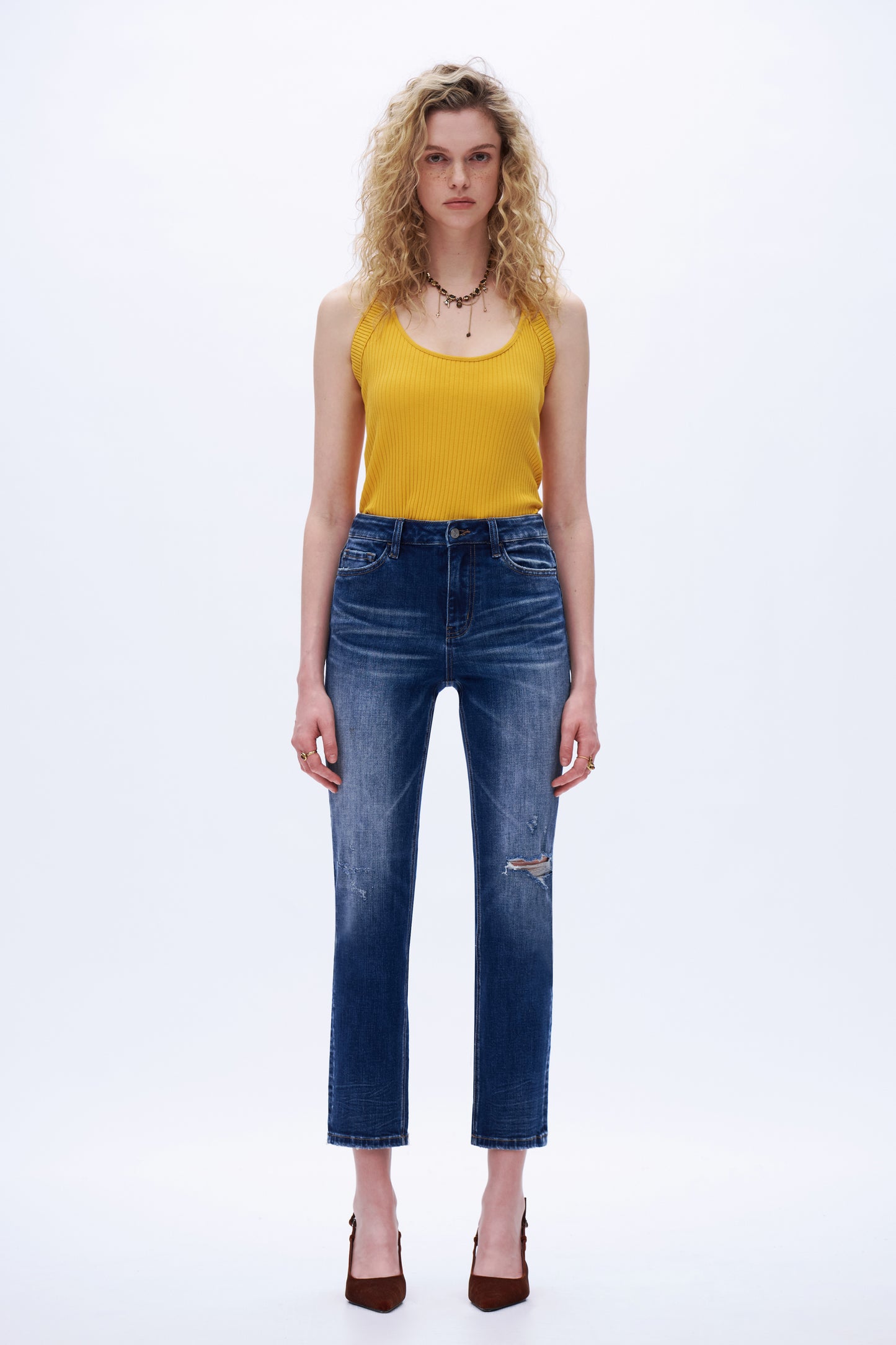 High Rise Distressed Denim Jeans DETM003 Dark Blue