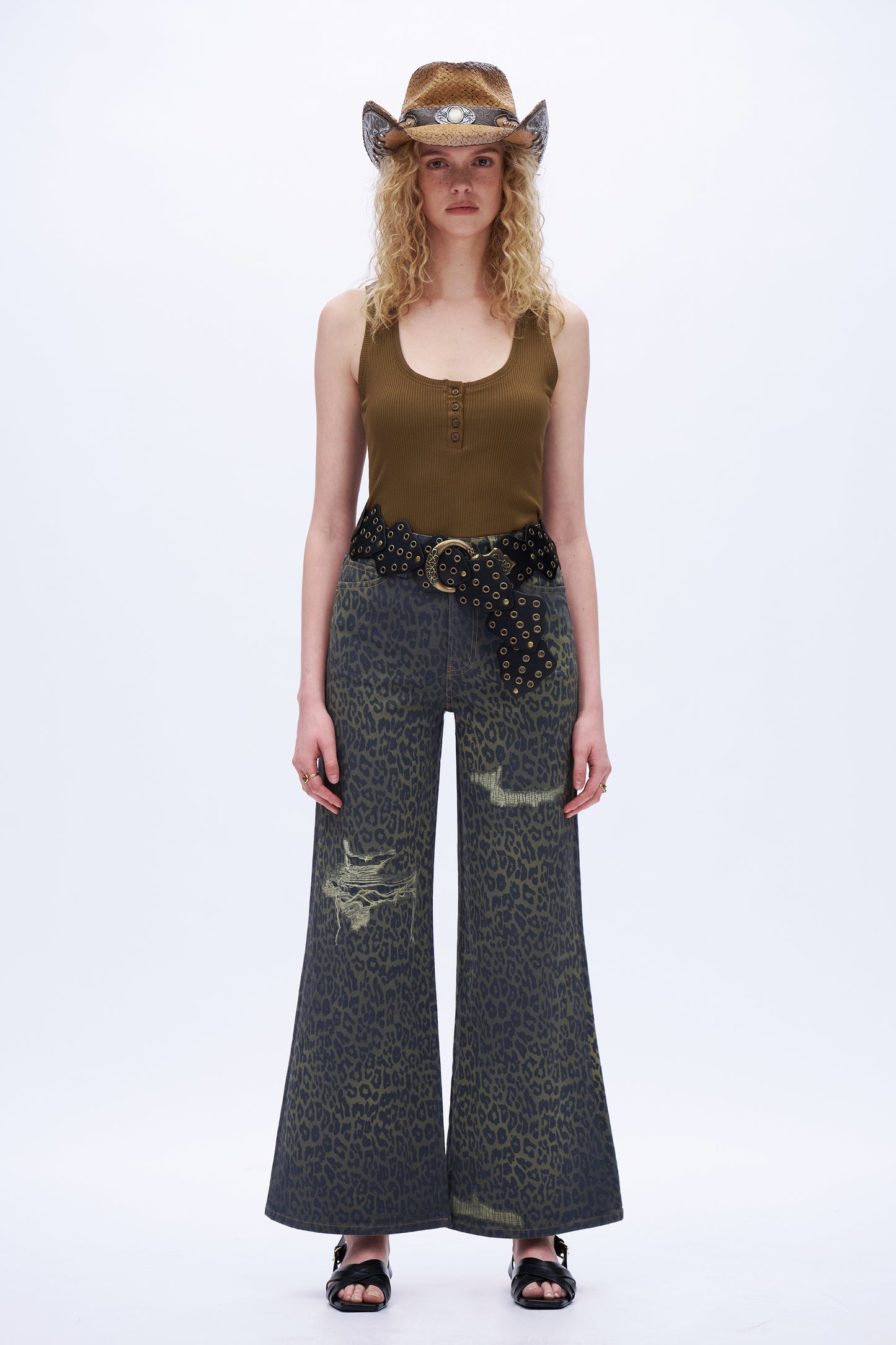 High Rise Wide Leg Printed Denim Jeans DEW8007 Leopard Print