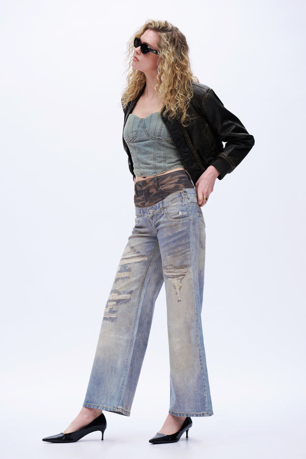 Deconstructed Camo Wide-Leg Jeans