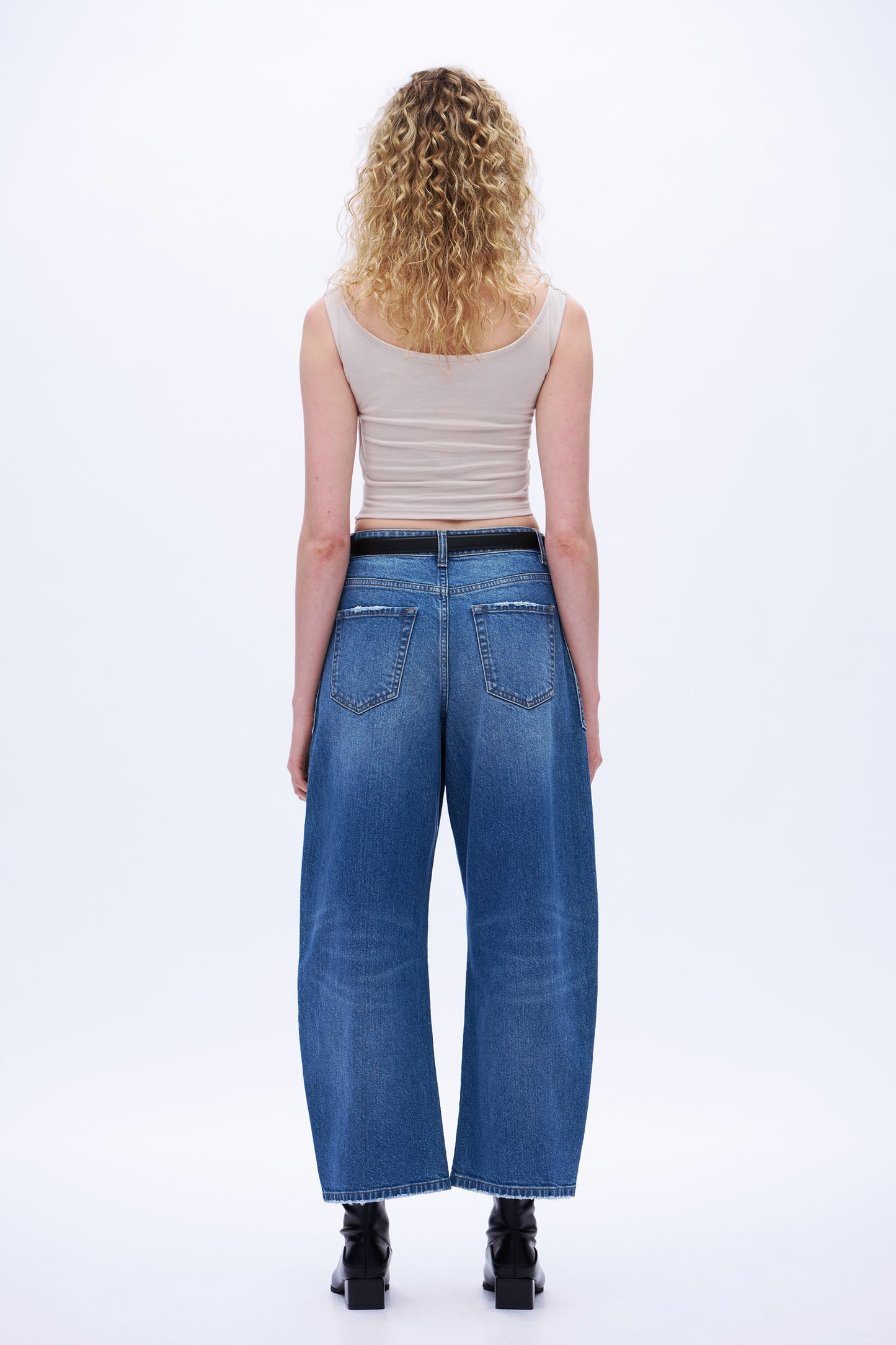 Super High Rise Balloon Denim Jeans With Front Pocket Patch DEOX001 Medium Blue