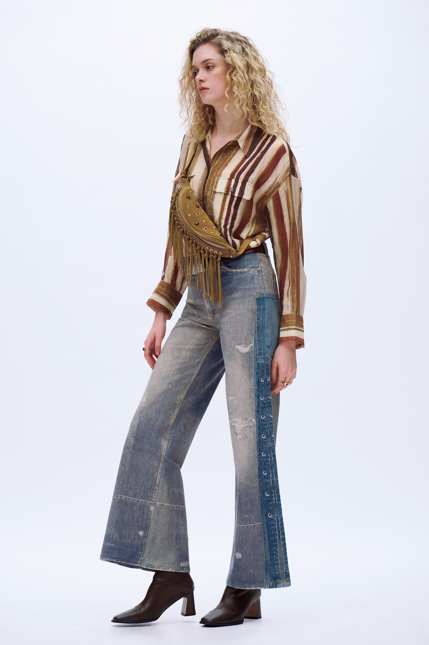 High Rise Wide Leg Printed Denim Jeans DEW8009 Medium Blue