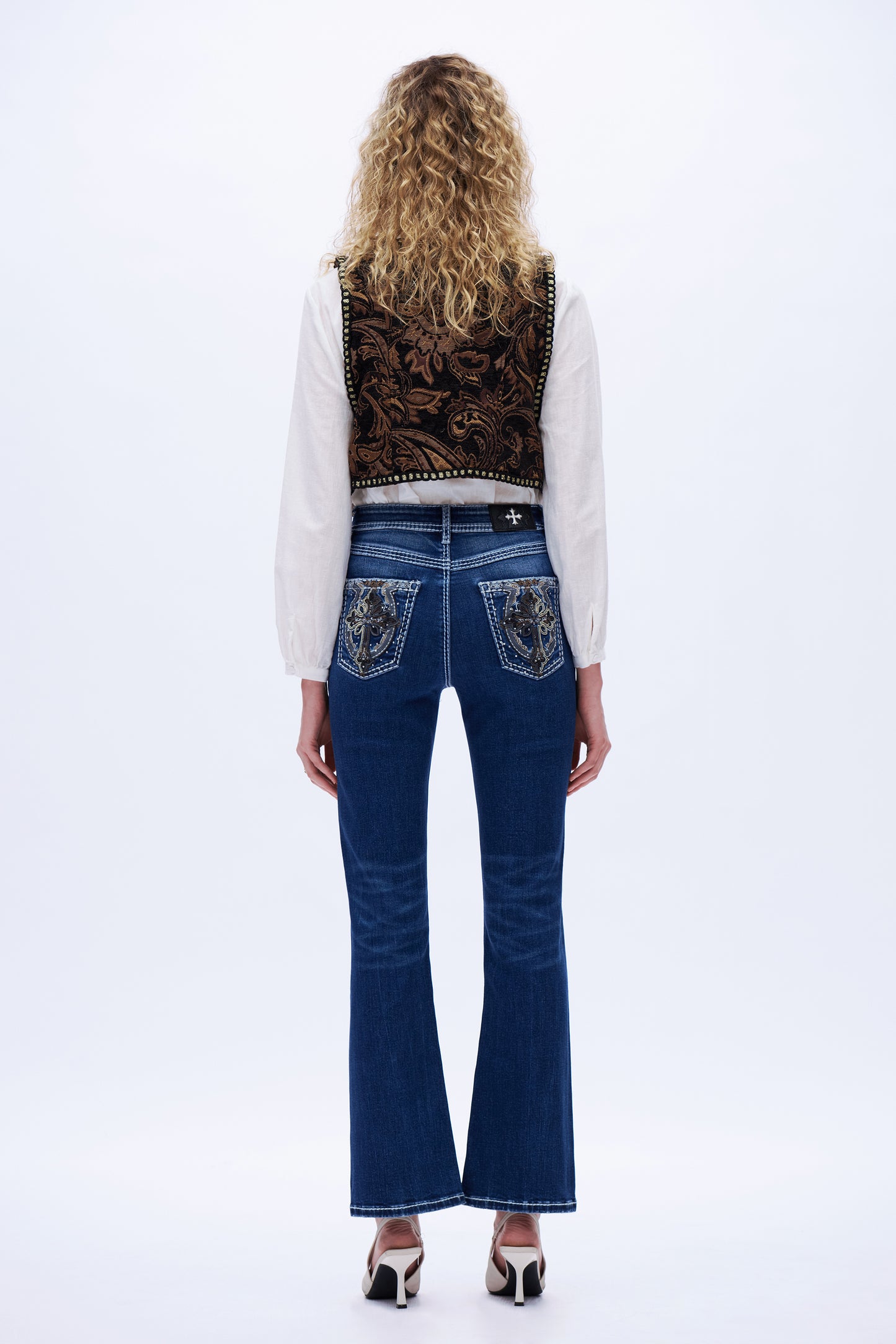 Cross Motif Embroidered Mid Rise Flare Leg Jeans DEF1003 Dark Blue