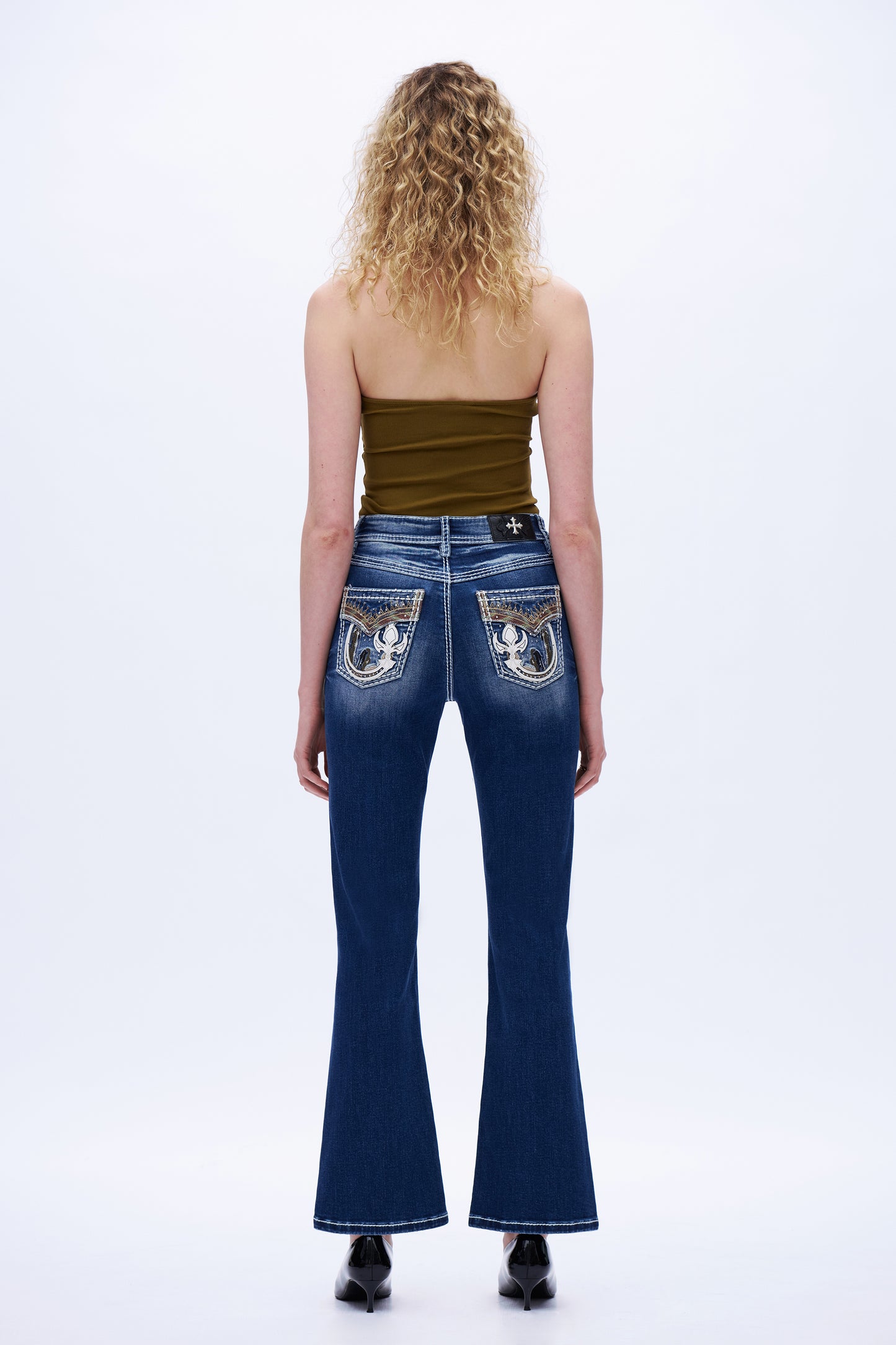 Fleur-De-Lis Embroidered Mid Rise Flare Jeans DEF1007 Dark Blue