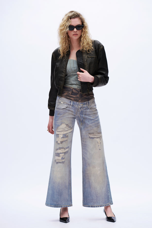 Deconstructed Camo Wide-Leg Jeans