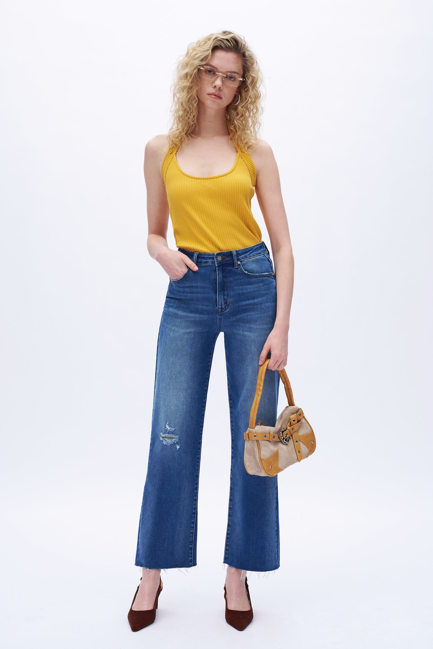 High Rise Loose Jeans With Small Rips DET5009 Deep Blue