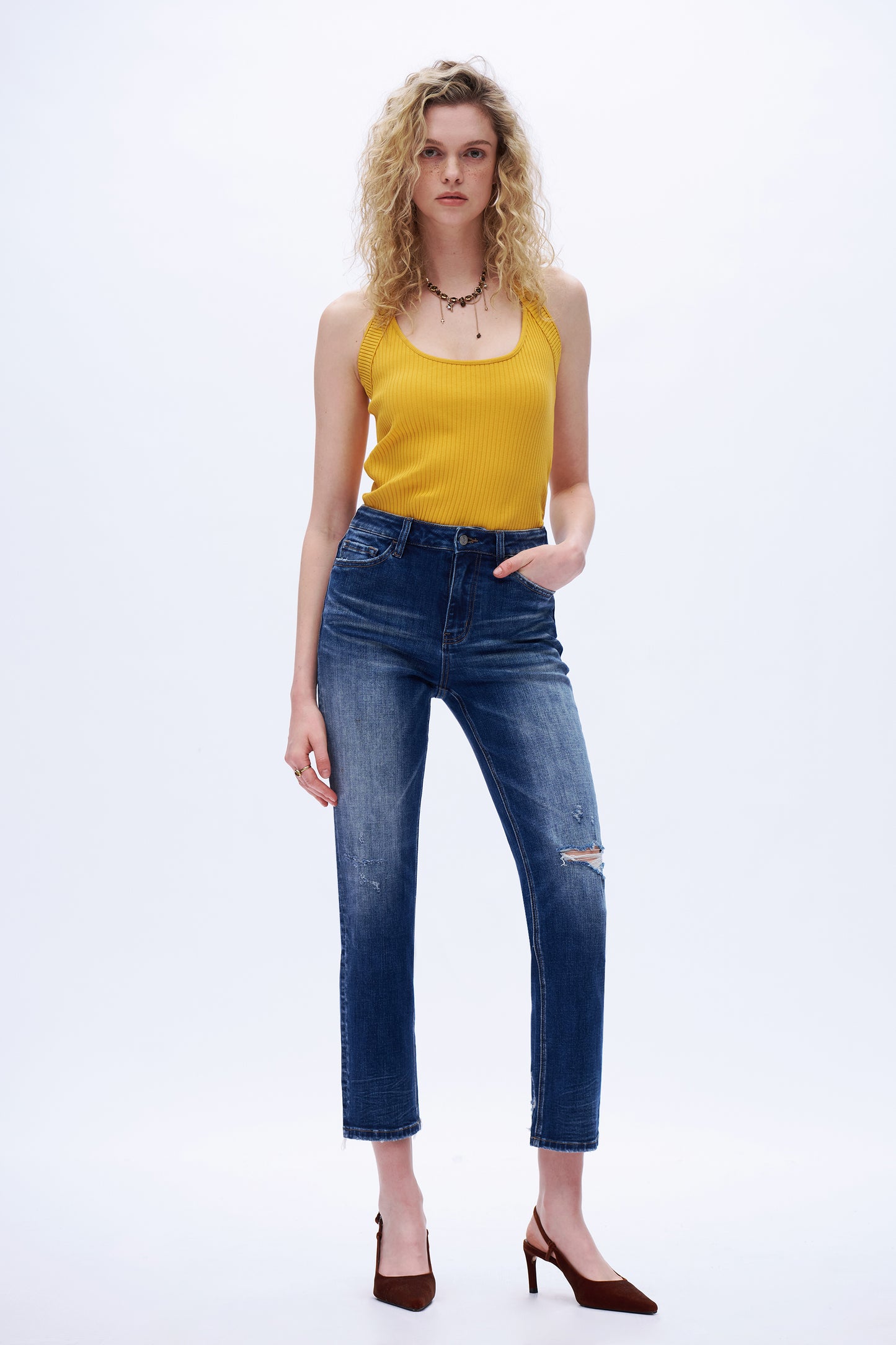 High Rise Distressed Denim Jeans DETM003 Dark Blue