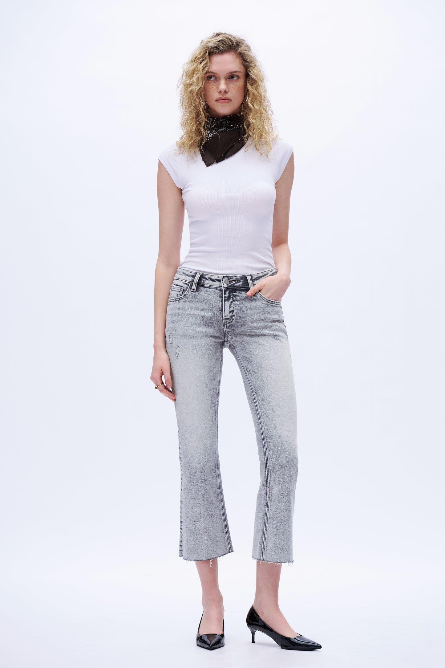 Low Rise Cropped Flare Leg Denim Jeans DEF1009 Light Grey