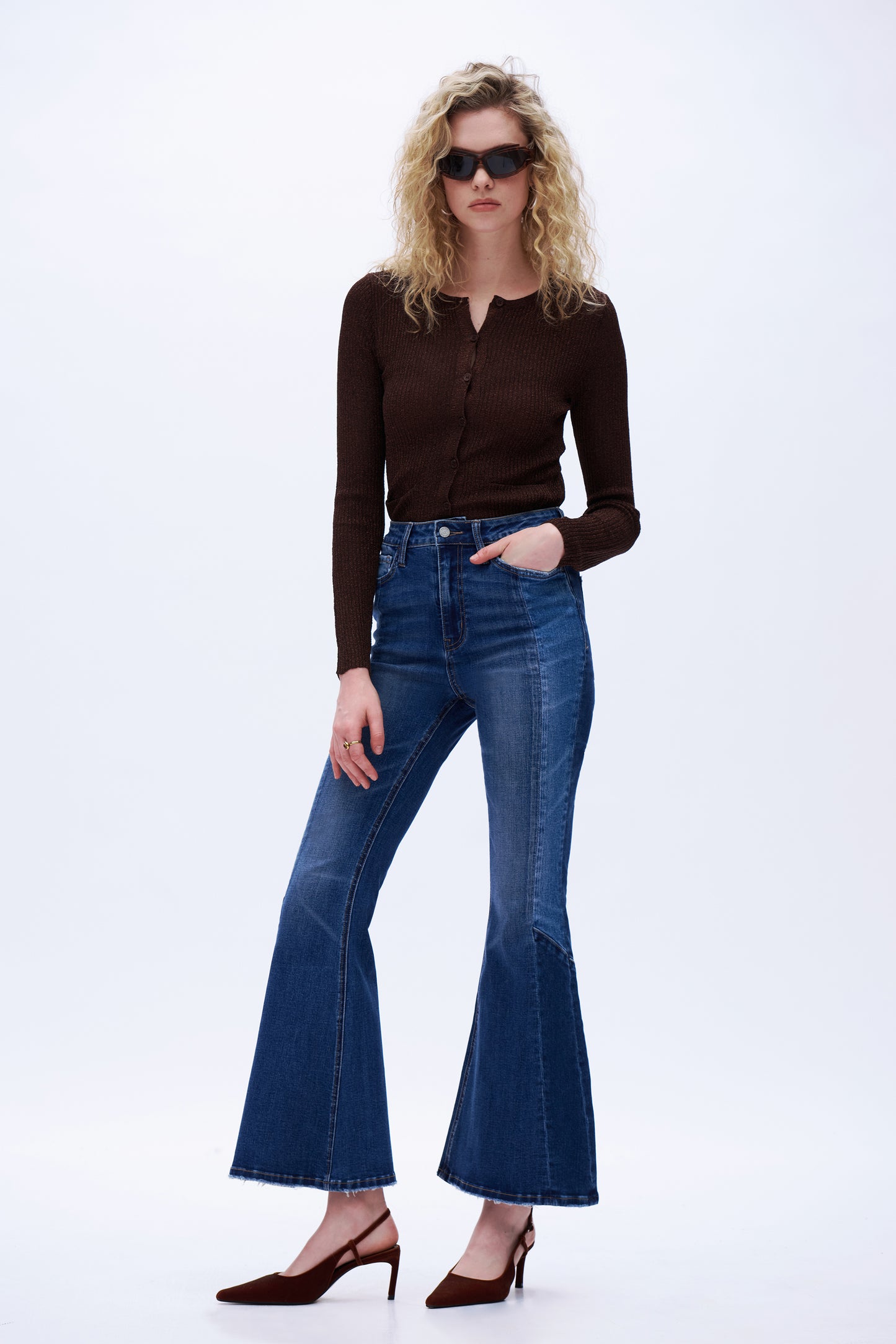 High Rise Flare Leg Denim Jeans DEFM1009 Dark Blue