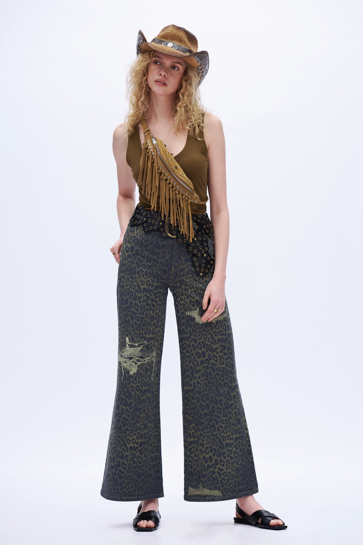 High Rise Wide Leg Printed Denim Jeans DEW8007 Leopard Print