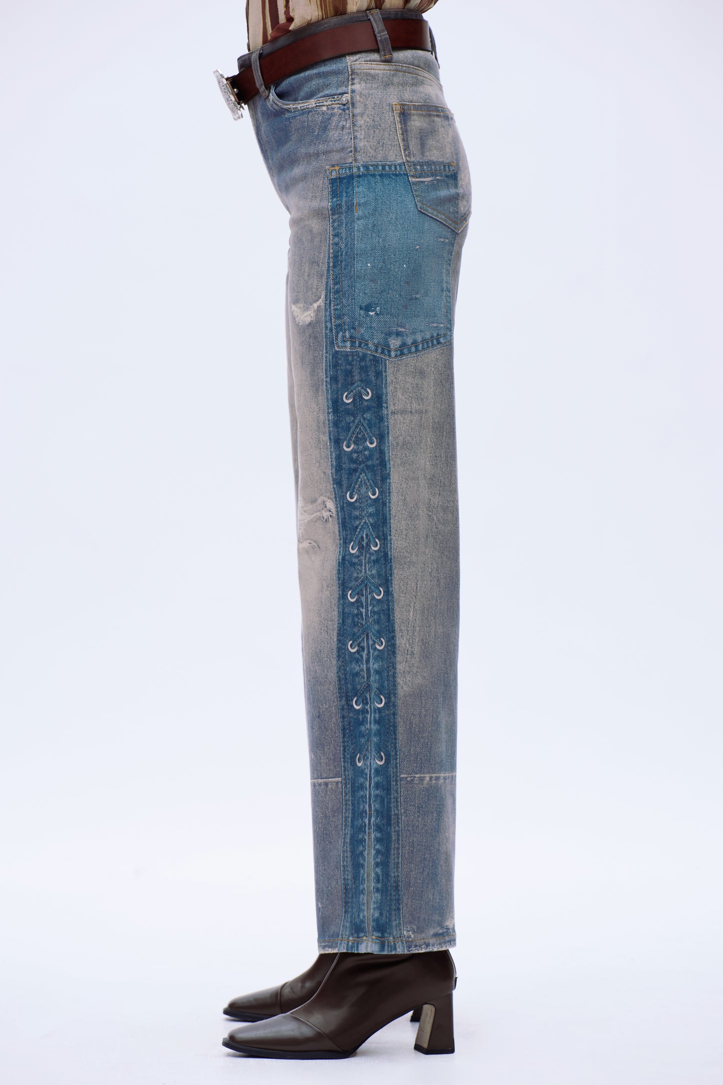 High Rise Wide Leg Printed Denim Jeans DEW8009 Medium Blue